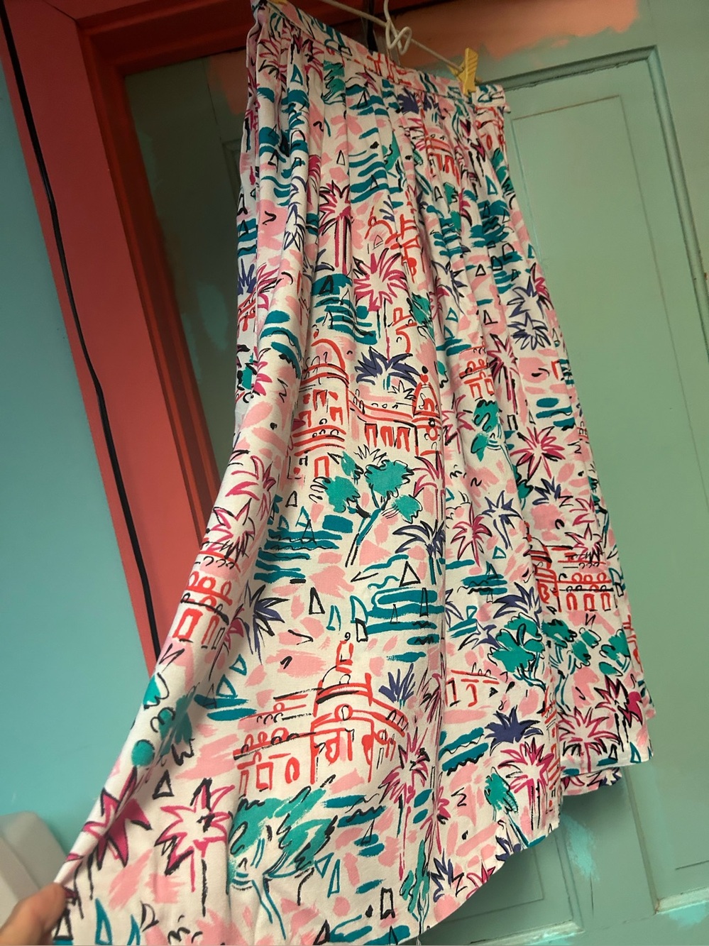 Printed A-Line Midi Skirt in Pink Teal Multicolor